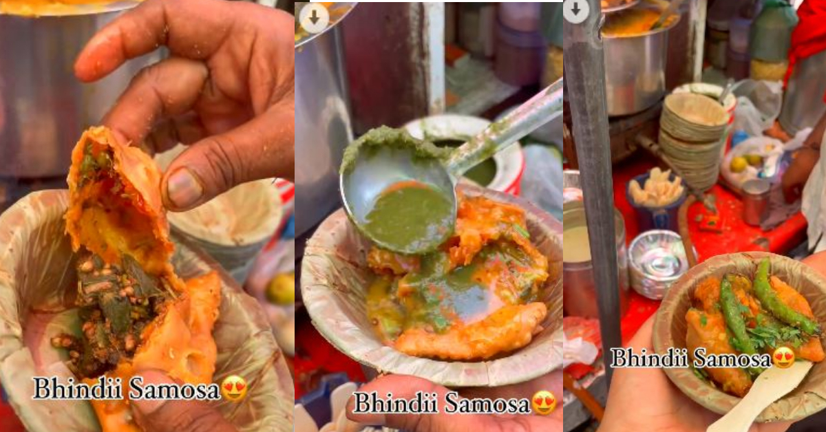 street food vendor is seen selling bhindi samosas
