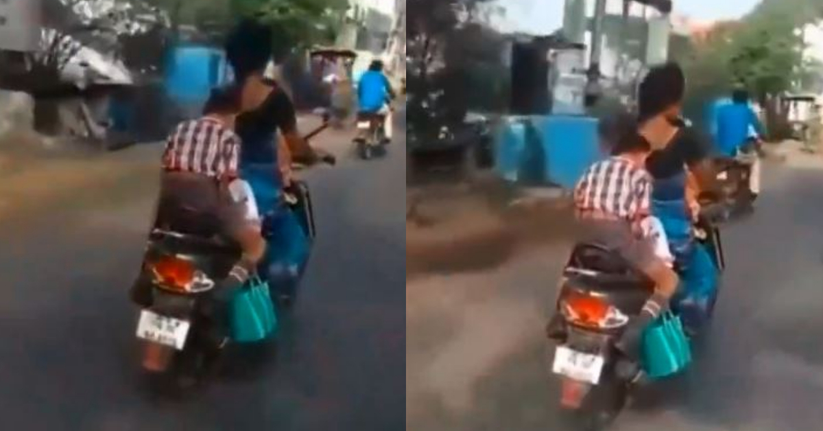 child seen studying on moving scooter