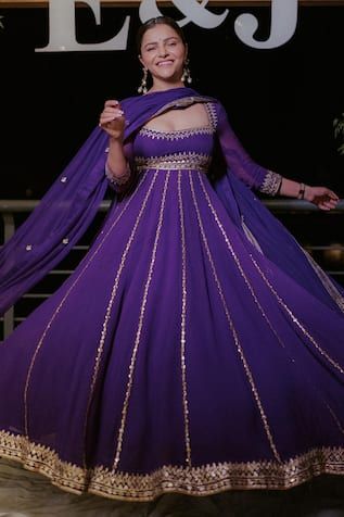 1381471 Esha Koul Embellished Anarkali And Churidar Set Women Kurta Sets Anarkali Sets Purple Gota Georgette Square Half Sleeve