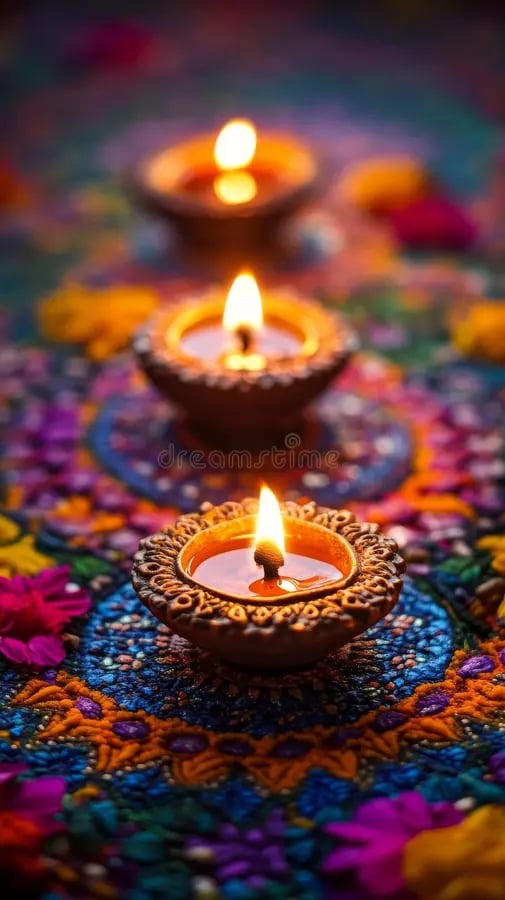 1392484 diwali diyas lit warm golden glow placed surface rangoli flowers vertical banner close up beautifully decorated 333010984