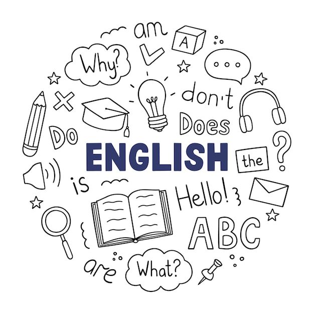 1394640 Premium Vector Learning English doodle set Language school in sketch style Online language education course 1