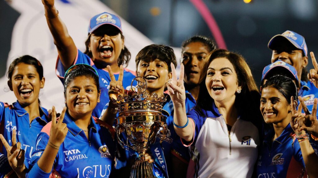 1396311 Mumbai Indians lifting the WPL Trophy d