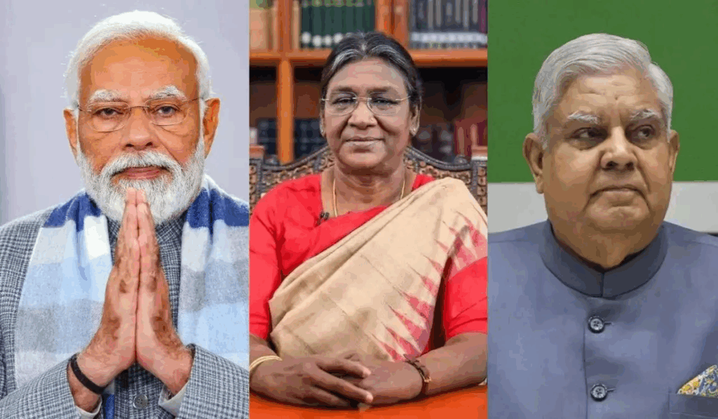 1404090 President Murmu and Vice President Dhankad and PM Modi