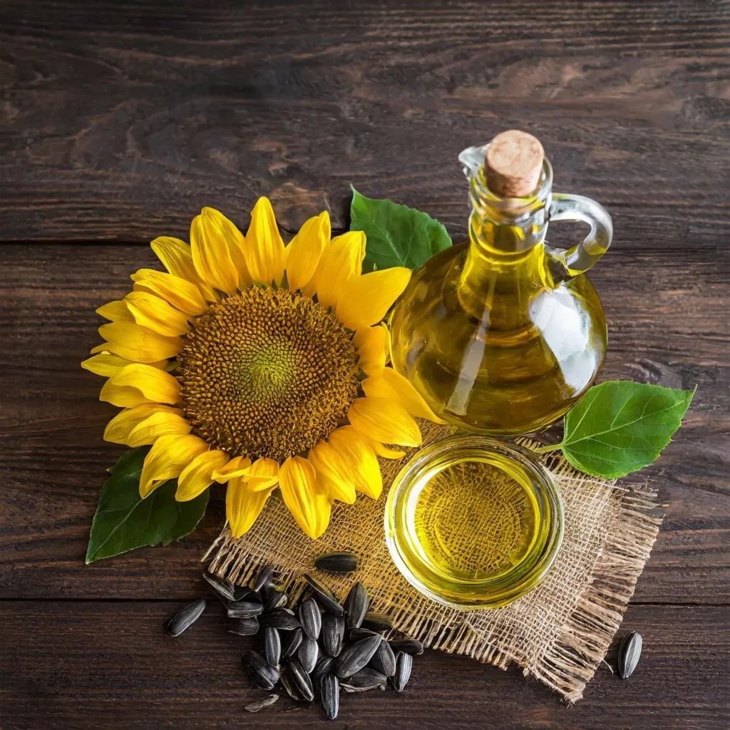 1404874 Firefly cold pressed sunflower oil on dark wooden table top view 59203