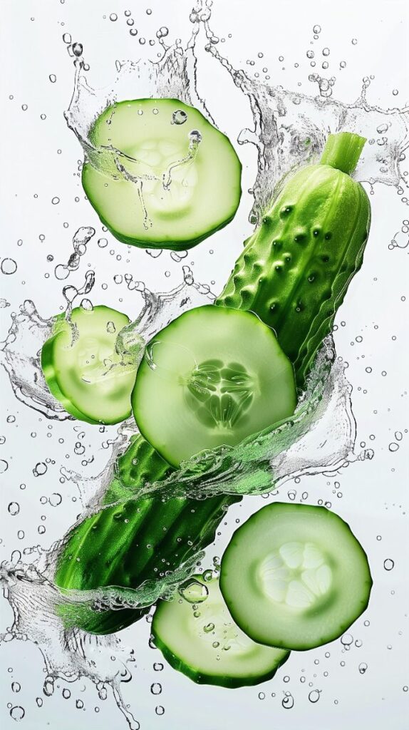 1408569 Few cucumber slices and water splashes on a white background